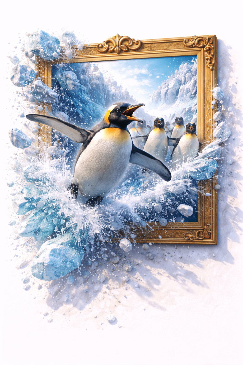 3D framed penguin artwork breaking through icy snow with dramatic motion