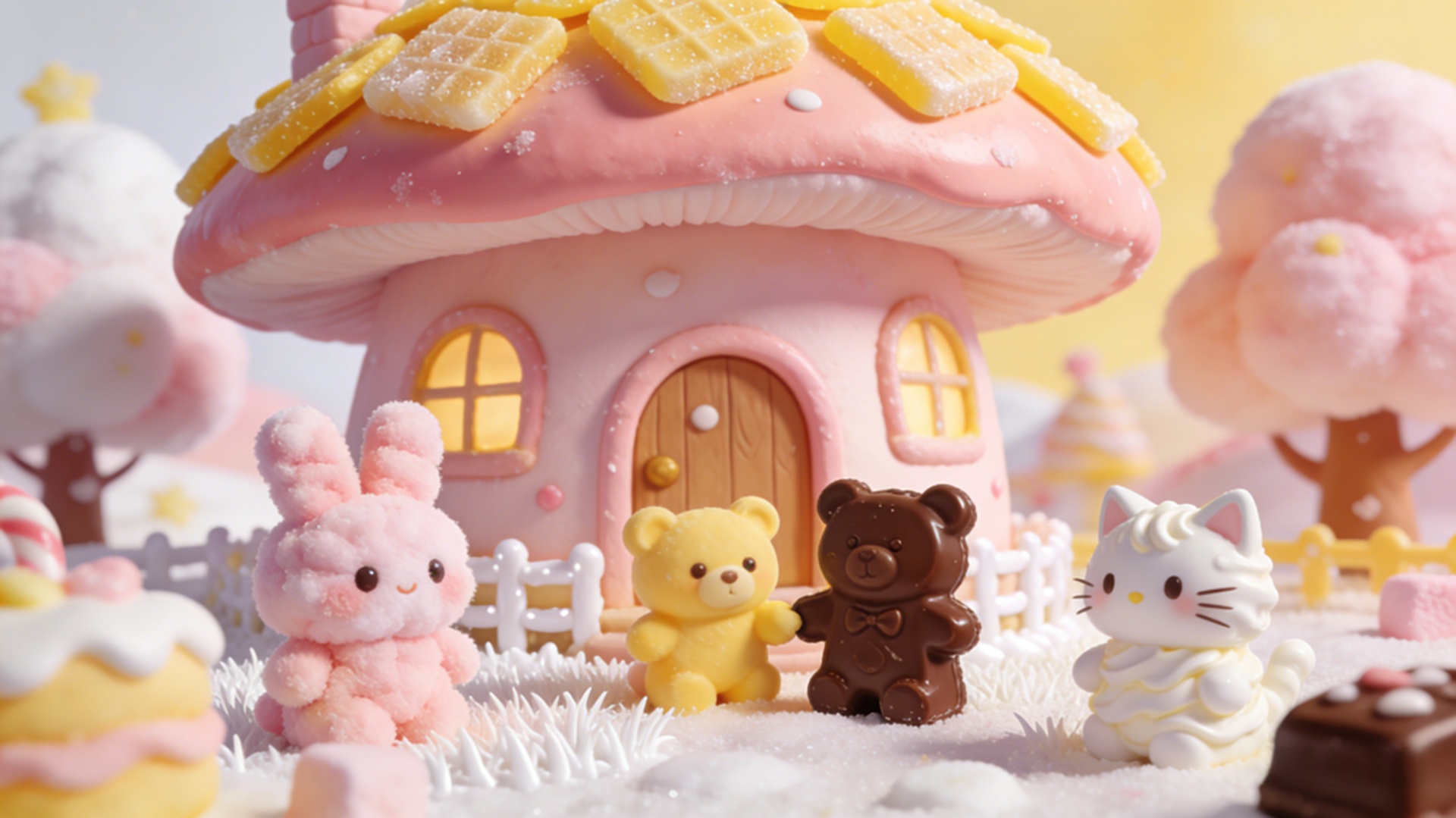 Cute candy house scene with bunny, teddy bears and soft pastel characters