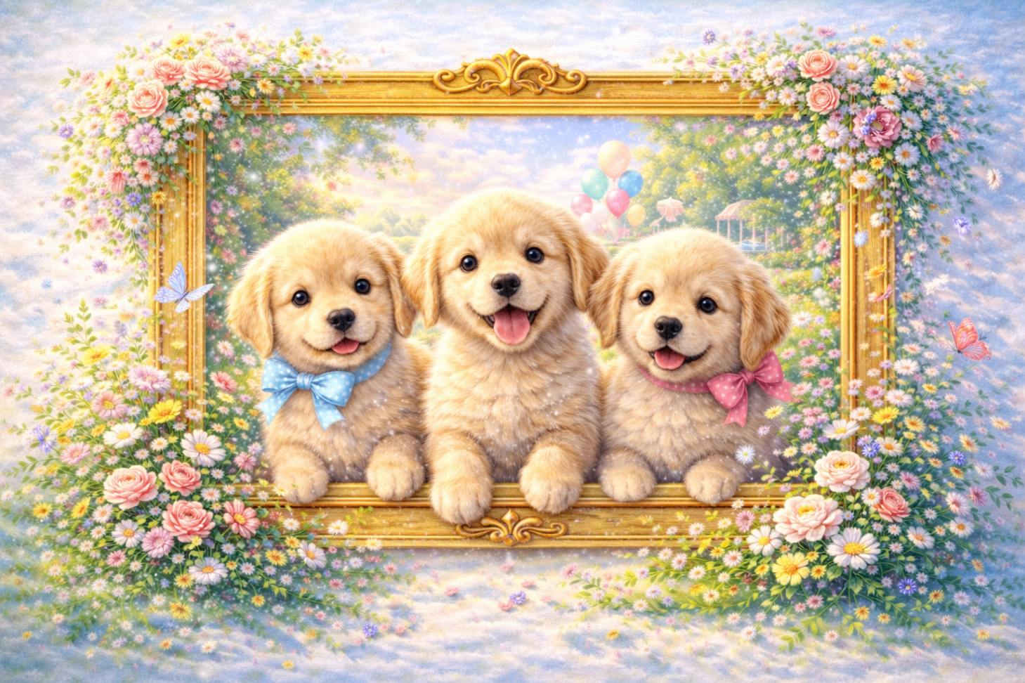 Floral golden frame featuring three happy puppies in a bright spring garden