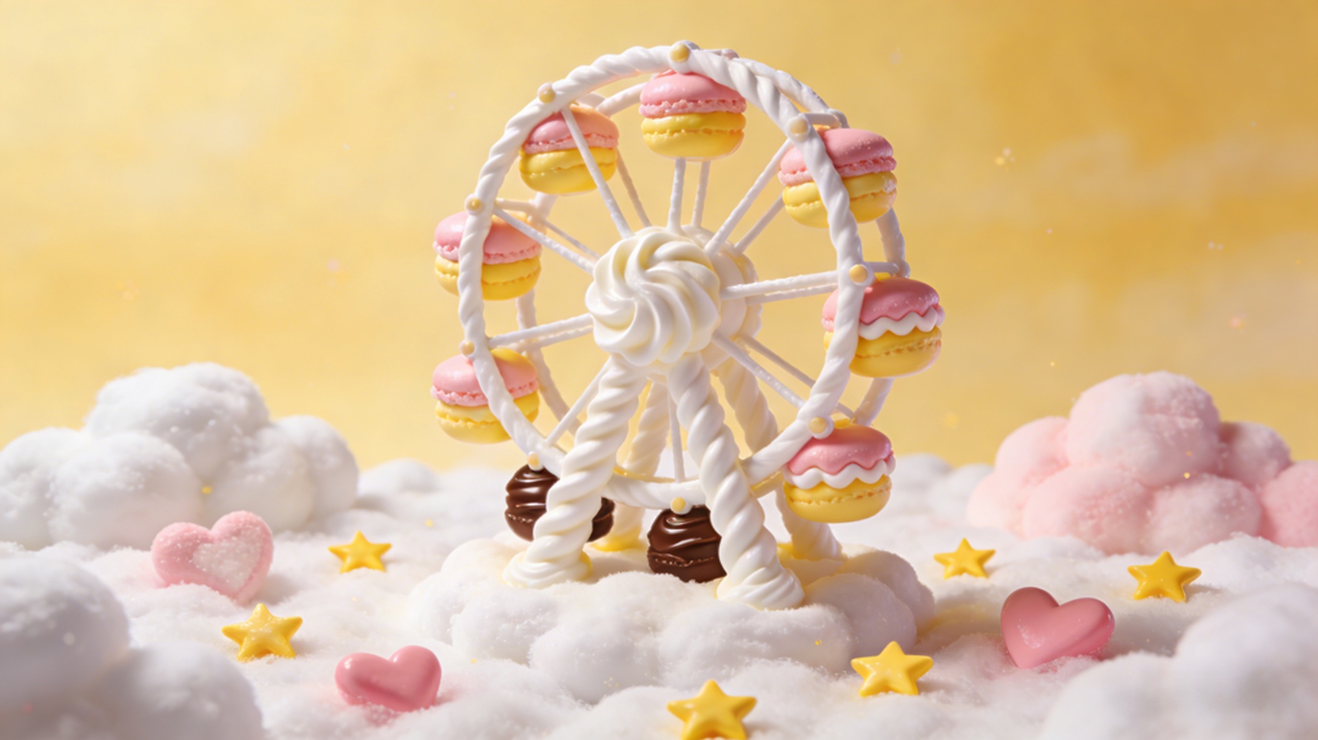 Pastel ferris wheel made of sweets floating over dreamy cloud scenery
