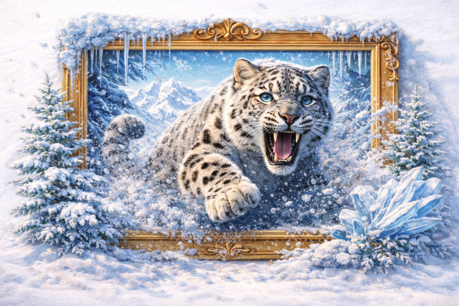 Snow leopard bursting from a winter frame with snow and ice details