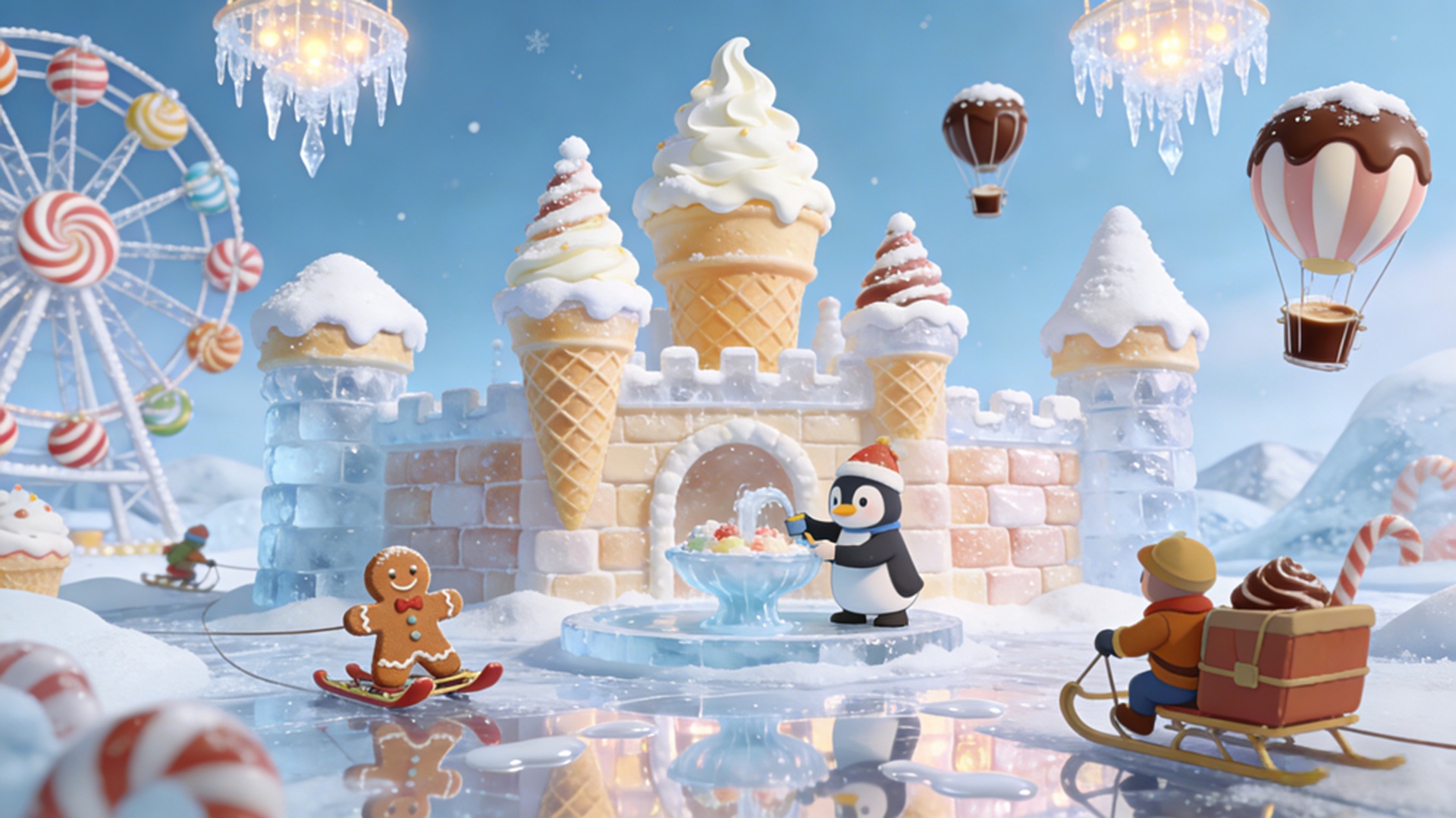 Fantasy ice cream castle scene with playful characters in pastel winter tones