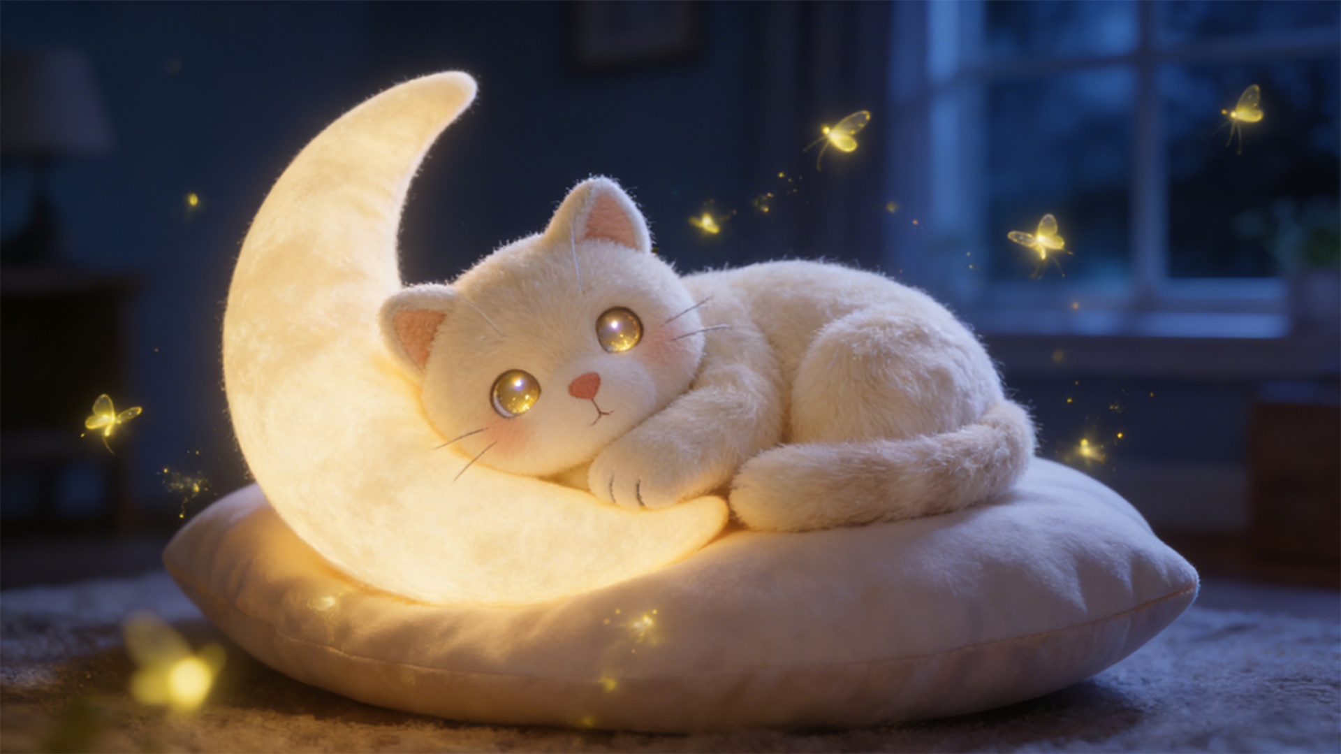 Soft glowing moon cat artwork resting on a pillow with firefly lights