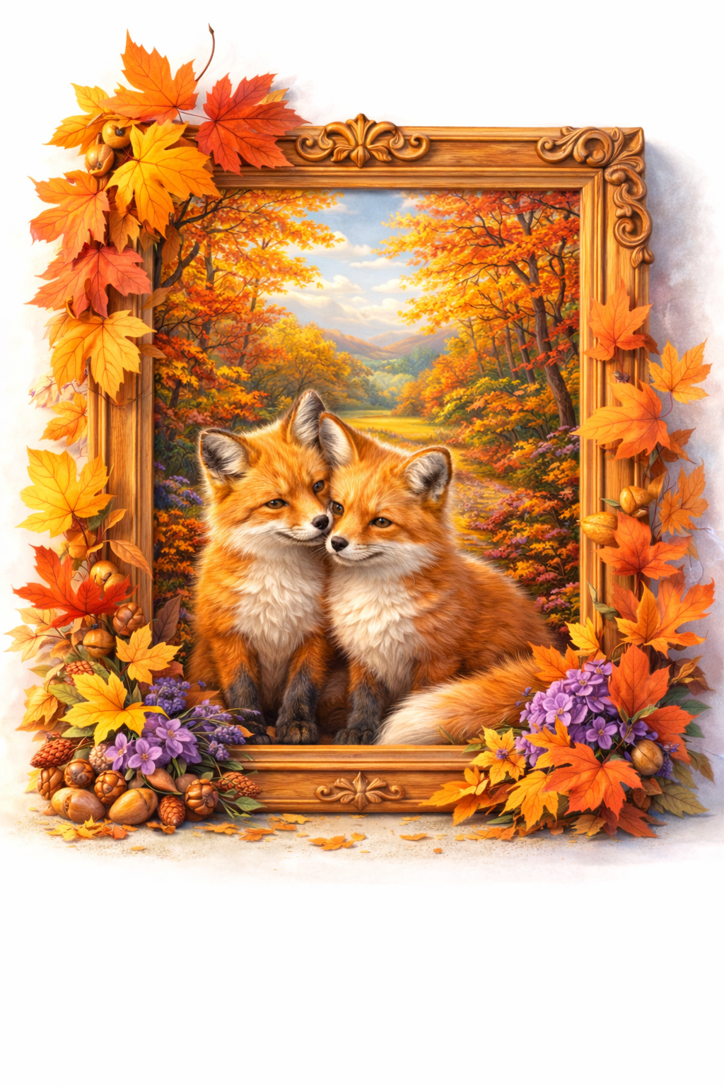 Framed autumn wall art with two foxes surrounded by leaves and flowers