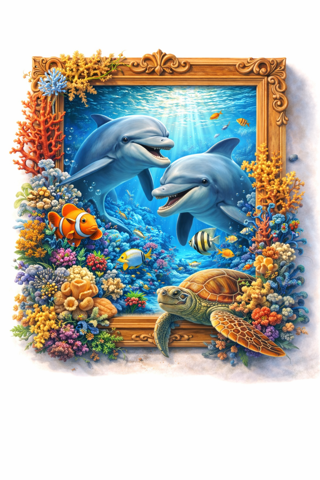 Ocean-themed framed wall art with dolphins, coral reef and sea turtle